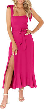 Pretty in Pink Satin Tie Shoulder Midi Dress with Slit